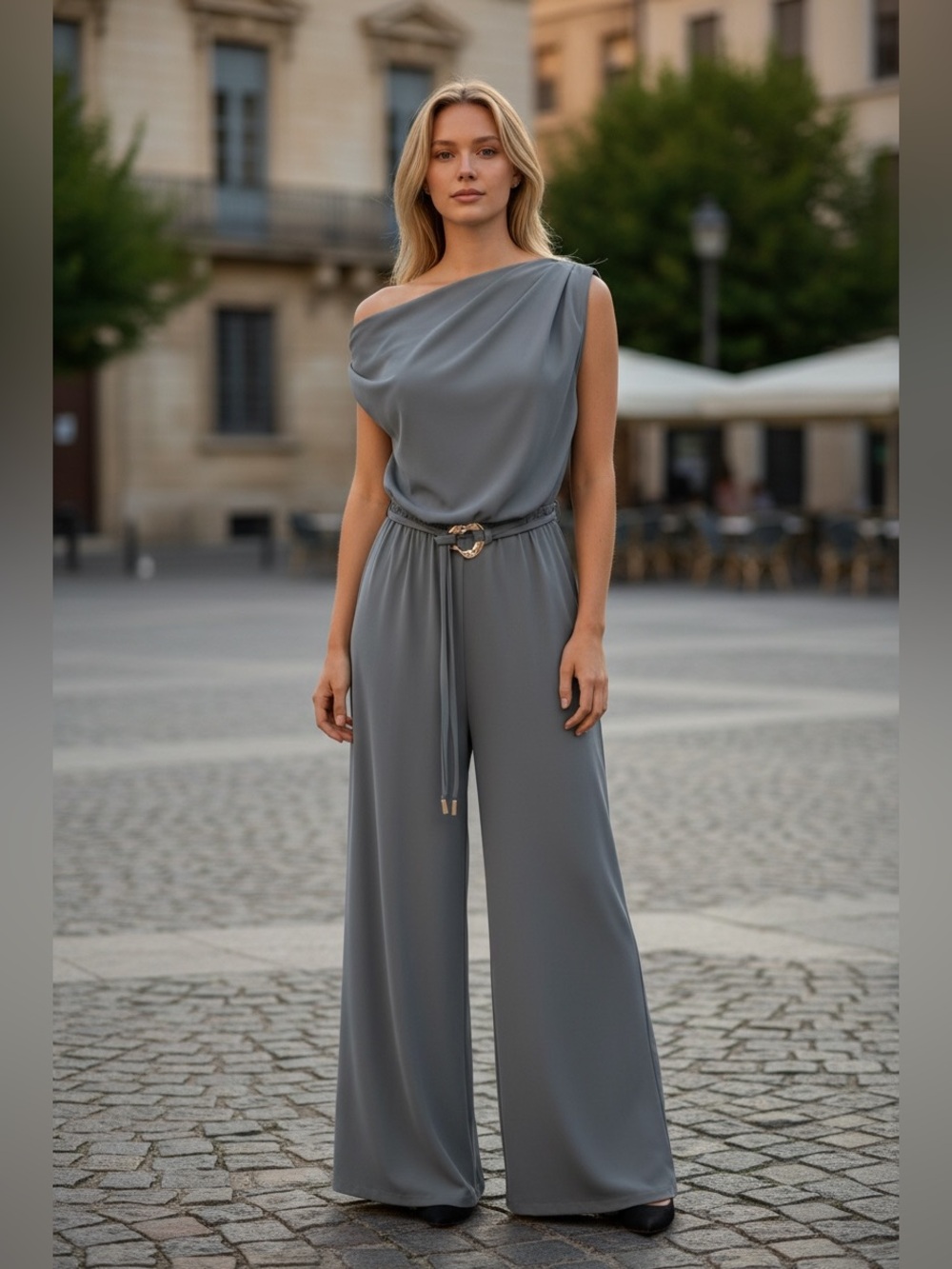 Commense belted one shoulder draped Jumpsuit — Gray